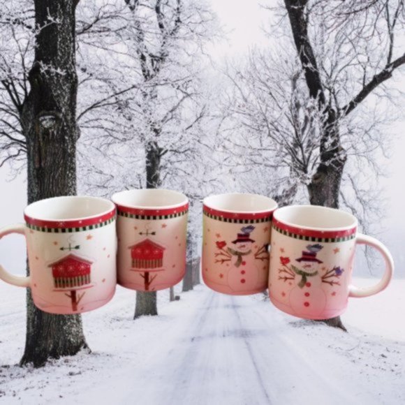 Thomson China Holiday Coffee Tea Mugs Set of 4 Snowman Birdhouse White Red - Picture 6 of 8